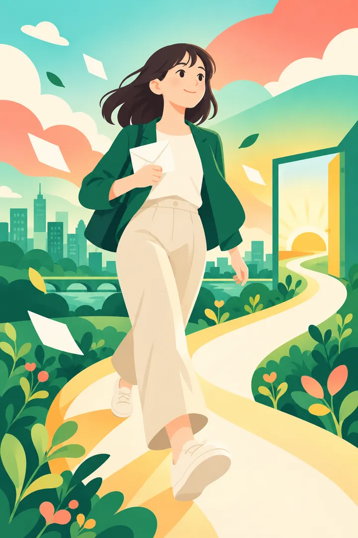 封筒を手に、明るい道へ踏み出す人のイラスト